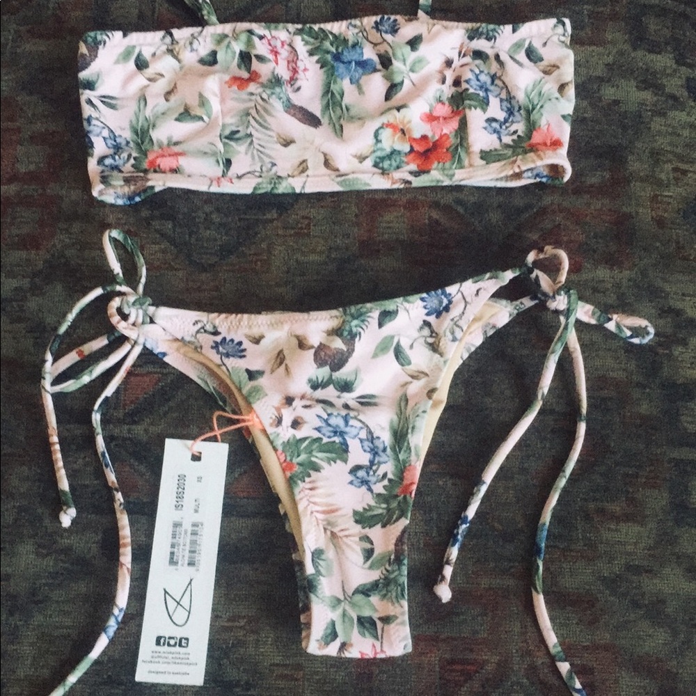 Minkpink pink floral print bandeau high cut tie bikini set XS S - Picture 2 of 11